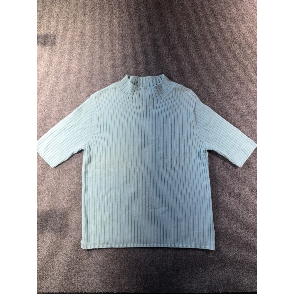 Talbots Womens Ribbed Knit Mock Neck Short Sleeve Sweater Light Blue Size M